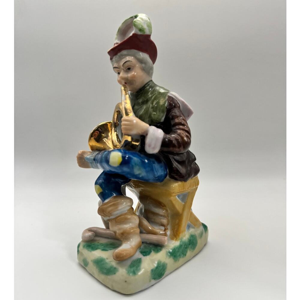Antique Porcelain Figurine Seated Man Playing French Horn Gold Gilt
